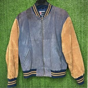 Vintage Free Country Suede Leather Camel Navy Bomber Varsity Jacket Size M